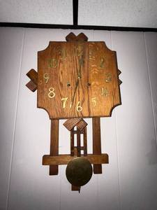 Vintage Oak Wall Pendulum Clock Arts & Crafts Style 24in See Photos