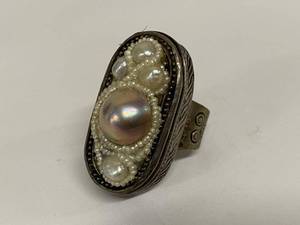 Unmarked Silver Pearl Beaded Statement Ring Size 8.5