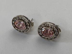 Absolute Pink Clear CZ Oval Halo Stud Earrings Sterling Silver Box