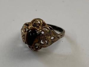 Vintage Tigers Eye Filigree Ring Silver Tone Size 6 Unmarked