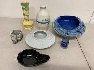 Mixed Art Pottery Lot 7 Pc Blue Bowl Vases Studio Ceramic Decor