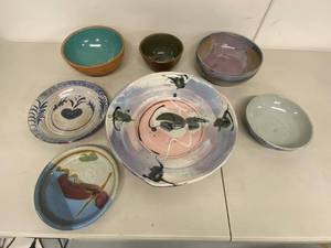 Mixed Studio Pottery Bowls & Platter Lot 7 Pc Handmade Ceramic