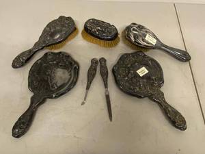 Antique Art Nouveau Vanity Accessories 7 Pc Mirrors Brushes As Found