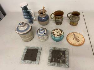 Vintage Studio Art Pottery Lot 10 Pc Canisters Mugs Pitcher Tiles