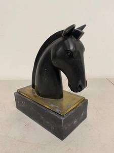 Black Horse Head Bust Sculpture on Heavy Base, Patinated Trim