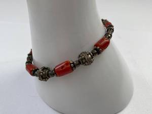 Sterling Silver 925 Red Beaded Bracelet Hook Clasp Oxidized Finish