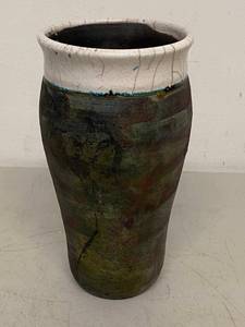Signed Studio Art Pottery Raku Vase White Crackle Rim 9.5in Used