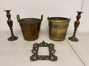 Vintage Brass Decor Lot Candlesticks Planters Frame Mixed Metal Set