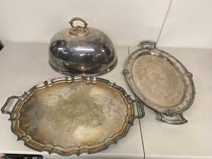 Vintage Silverplate Serving Trays & Dome Cover 3 Pc Mixed Set Tarnished