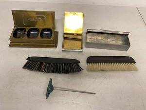 Vintage Desk Vanity Accessory Lot Boxes Brushes Metal Holder