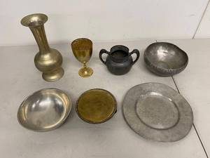 Vintage Mixed Metal Decor Set Brass Pewter Vase Bowls Plate 7 Pc
