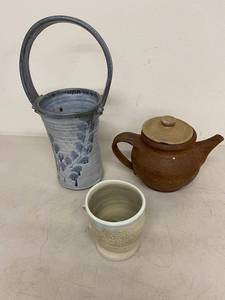 Studio Pottery Teapot Mug and Handled Vase 3-Piece Blue Brown