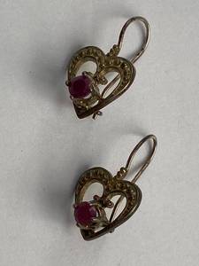 Sterling 925 Heart Dangle Earrings Pink Red Stone Gold Tone 2.87g