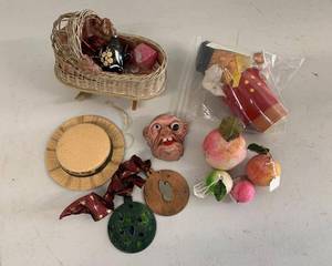 Vintage Christmas Ornament Assortment Fruit Glass Doll Wicker Cradle