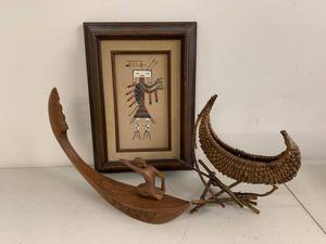 Southwestern Folk Art Decor Group Framed Art Canoe Basket Vintage