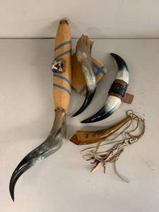 Vintage Decorative Cow Horn Wall Mount & Powder Horn Lot, As Is