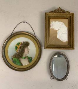 Vintage Framed Portrait Print, Oval Mirror & Ornate Frame Set of 3