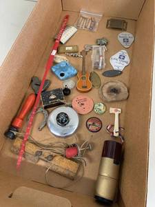 Vintage Mixed Smalls Lot Advertising Compass Bell Mini Guitar Tools