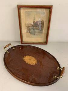 Vintage Framed Hamburg Cremonifleet Signed Etching Print & Inlaid Wood Tray
