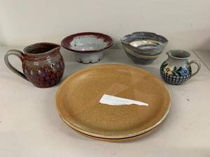 Studio Pottery Stoneware 6 Pc Plates Bowls Pitchers Creamer Good