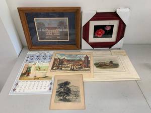 Mixed Art Print Lot w Audubon Quadrupeds, Framed Floral & Folk Art