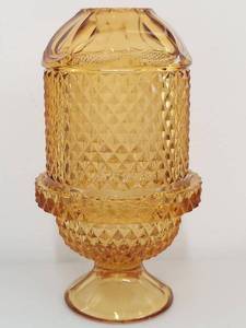 Vintage Amber Pressed Glass Fairy Lamp Candle Holder Diamond Point Viking