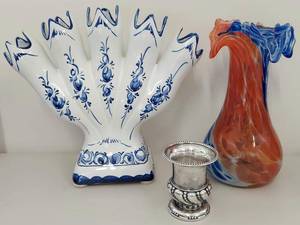 Vintage Decor Lot Alcobaca Portugal Vase Art Glass Ronson Cup