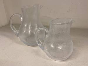 Pair Hand Blown Art Glass Pitchers Clear Bubble Glass Large Small