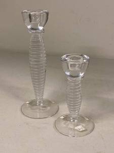 Kosta Boda Art Glass Candlesticks Clear Ribbed Stem Pair Sweden