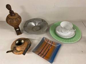 Vintage Decorative Housewares Lot China Copper Glass Wicker Metal