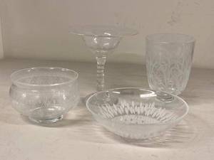 Vintage Etched Glass Decorative Lot Compote Bowl Vase 4 Piece Set
