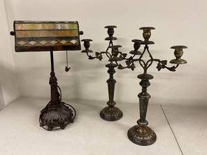Colour Creations Banker Lamp & 2 Three-Light Candelabras Decor Lot