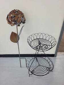 Rusty Metal Flower Ball Sculpture on Stem - 2-Tier Wire Plant Stand