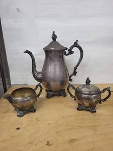 Coffeepot Set - Antique Silver Plate with Sugar Bowl & Creamer, Ornate Handles