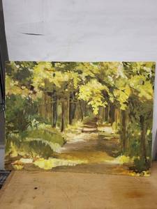 Wallace - Autumn Forest Path Oil on Board Painting, 23 x 18 in