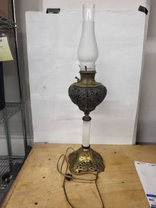 Brass Table Lamp with Milk Glass Column - Ornate Filigree Base & Frosted Shade