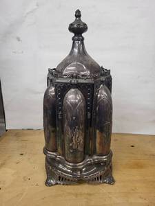 Antique Gothic Revival Silver-Plate Lantern with Six Cut-Glass Bottles & Shaker Jars