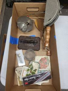 Vintage Christmas Cards & Kitchen Tools in Cardboard Box