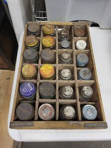 Antique Glass Apothecary Jars in 24-Compartment Wooden Box