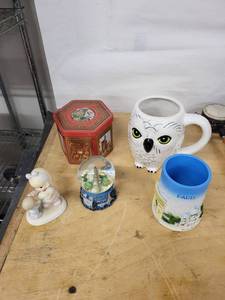 Paris-Themed Decor Lot Owl Mug, Snow Globe, Paris Mug, Tin & Figurine (Lot of 5)