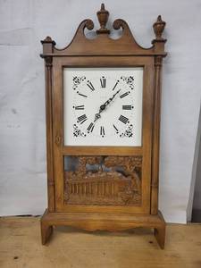 Elgin Mantel Clock - Carved Oak Case, Roman Dial, Scenic Lower Panel