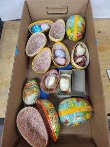 Vintage Decorative Easter Eggs Set in Cardboard Box - Assorted Floral & Cartoon Designs