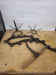 Antique Forged Iron Fireplace Tools - Wood-Handle Hook, Five-Arm Star, Ring with Spheres (3-Piece Set)