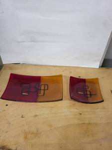 Opal Glass Plate Pair - Red & Amber Two-Tone with Black Geometric Overlay
