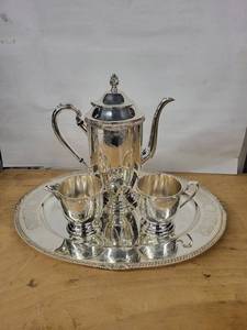 Tea Set - Vintage Silver-Plate Teapot with Lid, 2 Creamers & Tray