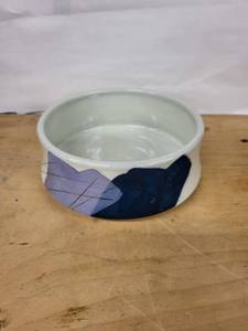 Abstract Leaf-Pattern Ceramic Bowl by Charles Halling - Lavender & Navy on White - 7 in Diameter