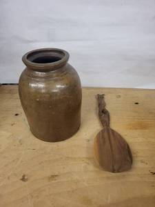 Stoneware Jar with Carved Wooden Serving Scoop - Brown Glaze