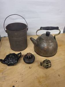 Antique Cast Iron Teapot & Accessories Set - Kettle, Bucket & Lids