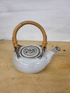 Teapot - Bamboo-Handled Ceramic with Gray Glaze