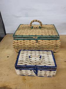 Vintage Wicker Sewing Box Set - Large Teal-Trim Basket & Small Blue Box with Tools
